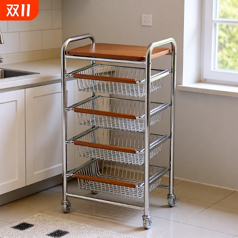 中古风可移动多层收纳架厨房