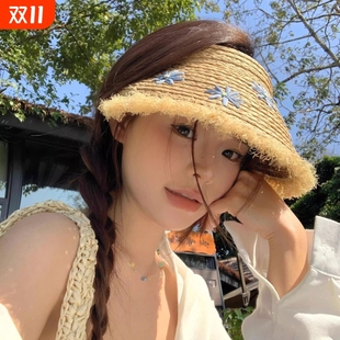 空顶草帽女2025新款 大帽檐透气遮脸太阳帽 沙滩度假海边防晒帽夏季