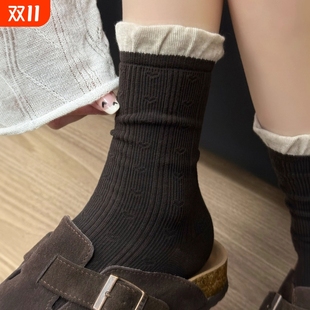芭蕾风无骨堆堆袜配勃肯鞋 爆款 中筒袜2025新款 咖色花边袜子女秋季