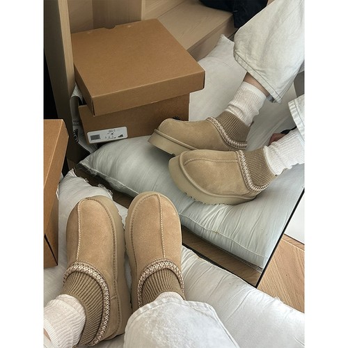 2025冬季新款桑坡民族风袜套Tazz真皮厚底增高加绒雪地靴女沙色