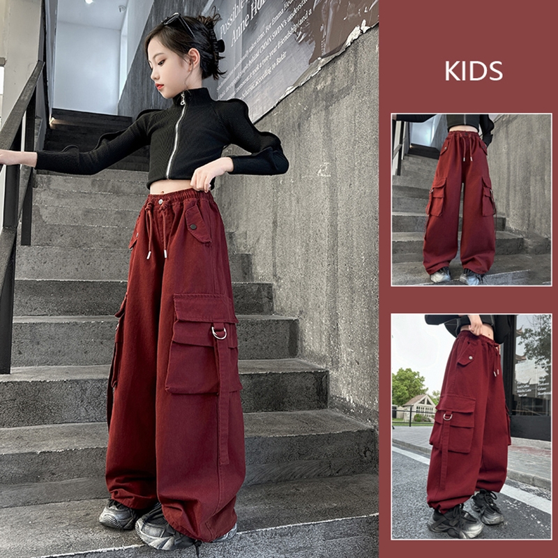 女童工装裤春秋2025新款儿童街舞裤子阔腿裤红色黑色时尚紫色潮流