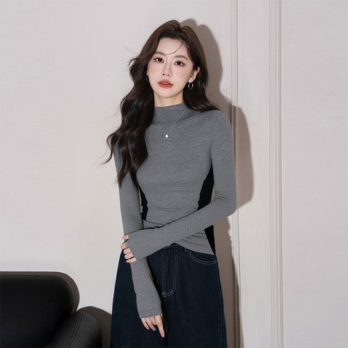 半高领打底衫女秋冬新款撞色拼接内搭长袖T恤修身高级感显瘦上衣