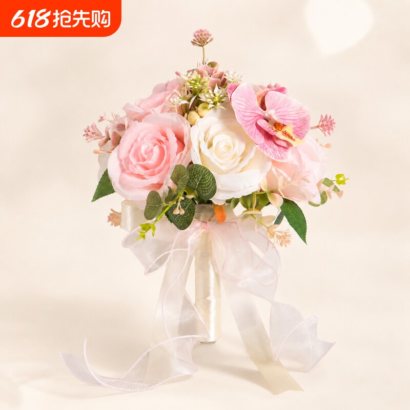 韩系奶油风新娘手捧花粉色系仿真花束婚礼手捧韩式花艺精选