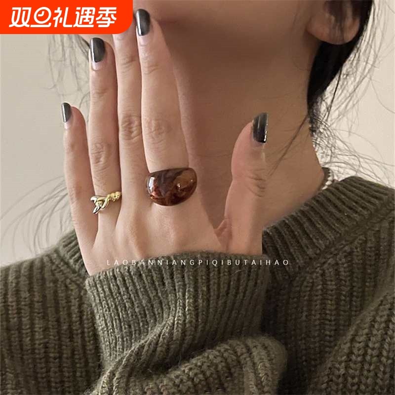 2024新款小众独特异形复古树脂戒指女冷淡风食指戒个性气质指环