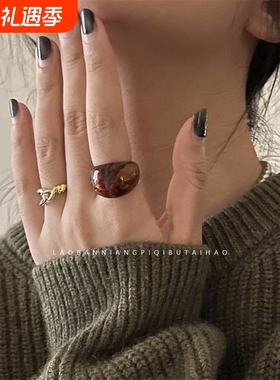 2024新款小众独特异形复古树脂戒指女冷淡风食指戒个性气质指环