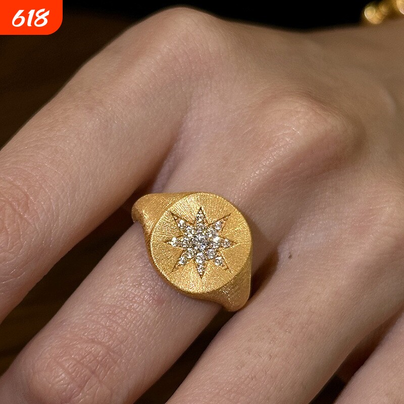 新中式拉丝八芒星点钻戒指高级感中古风时尚指环手饰品开口可调节