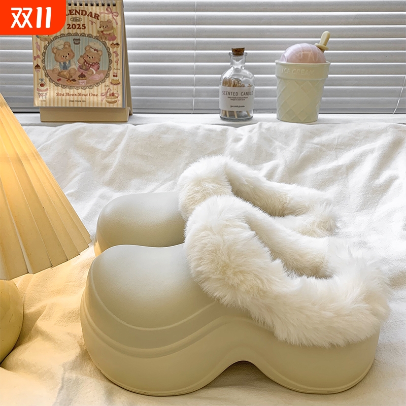 防水厚底增高包头半拖鞋女外穿2025秋冬新款加绒洞洞鞋小个子棉拖