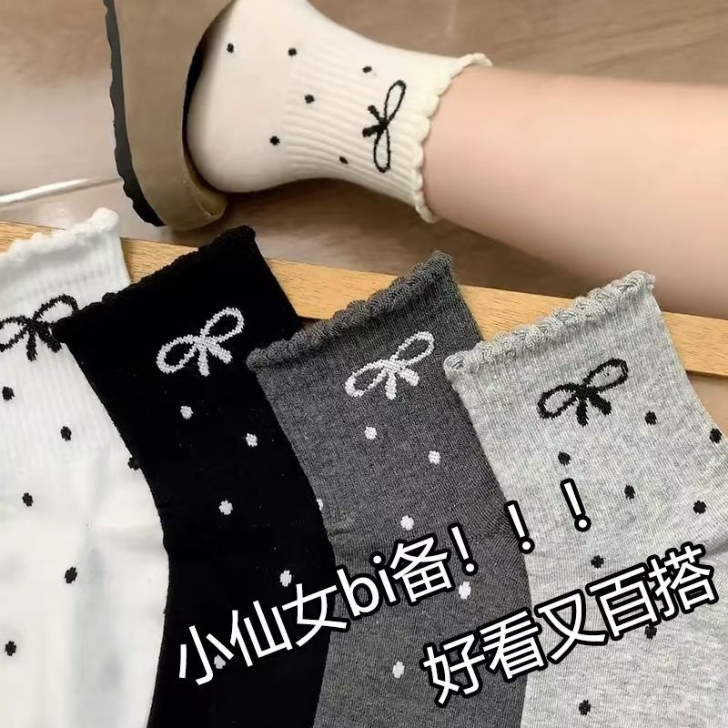 袜子女中筒袜木耳边秋款可爱卡通点子沙百搭花边蝴蝶结学生长袜