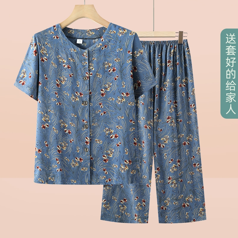 妈妈夏装绵绸套装中老年人女装家居服两件套老人奶奶开衫短袖睡衣