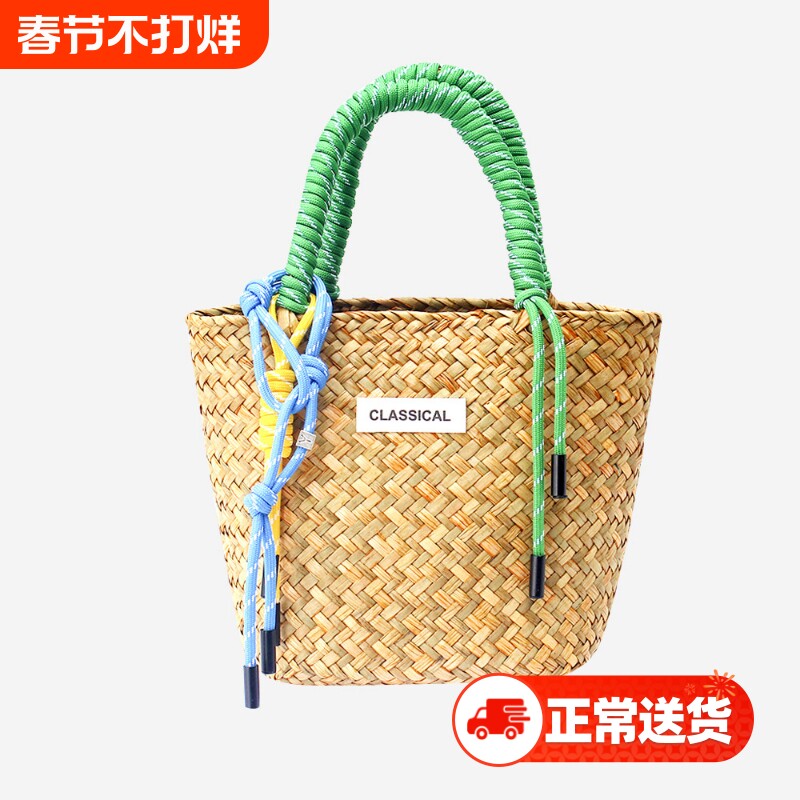 新款草编包大容量单肩编织包手工编织尼龙绳挂饰女草编手提包女包