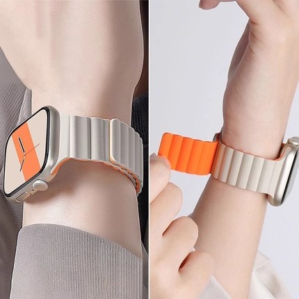 适用苹果手表表带iwatchS9硅胶磁吸双色applewatch10手表带8/7代6se运动液态硅胶s10腕带女Ultra2秋冬回环