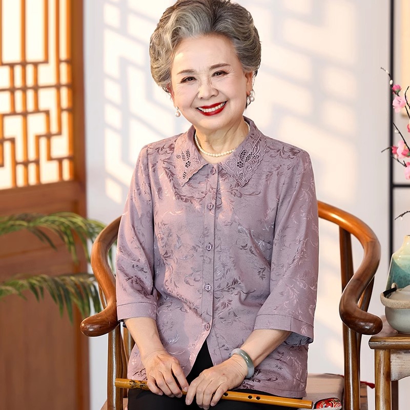 中老年人夏装衬衫女奶奶七分袖妈妈夏季新款洋气老人衣服薄款开衫