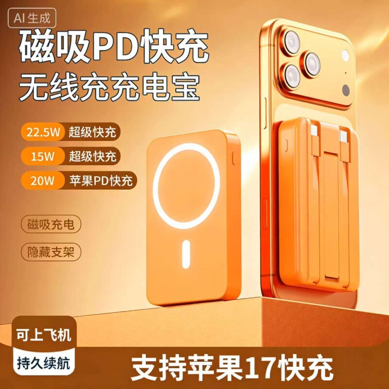 磁吸充电宝无线橙色爱马仕橙自带线3C认证国标Magsafe快充适用手机iPhone17便携带支架大容量移动电源