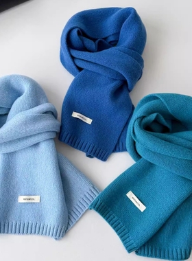 克莱因蓝围巾女冬季针织新款毛线短款情侣蓝色小围脖男士保暖灰色