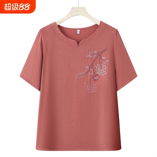 中年妈妈夏季短袖棉麻T恤中老年人宽松女款休闲洋气薄款上衣老人