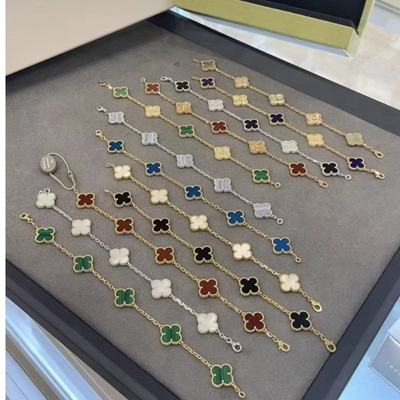 顶版V金四叶草手链天然贝母玛瑙镶嵌18k白金款式五花手环高级饰品