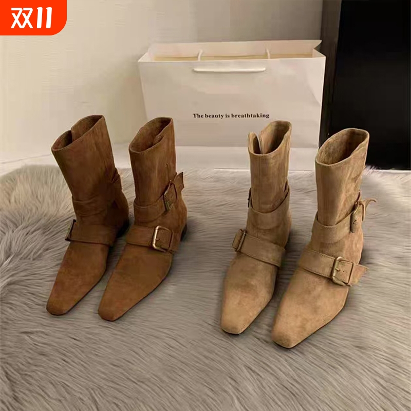 复古方头小个子中筒靴女2025新款法式西部靴粗跟短靴尖头棕色骑士