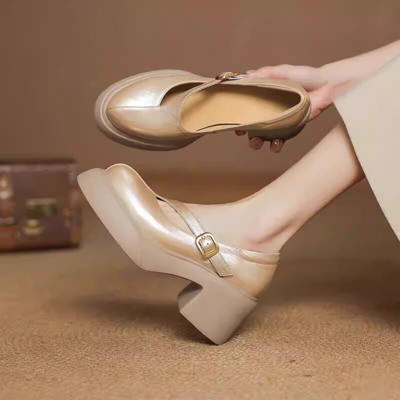 厚底小皮鞋女真皮粗跟玛丽珍鞋2026年新款春夏季高跟百搭单鞋圆头