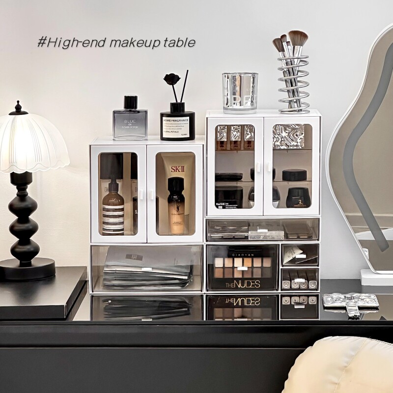 化妆品收纳盒桌面防尘置物架高级感梳妆台整理箱透明香水盒双层