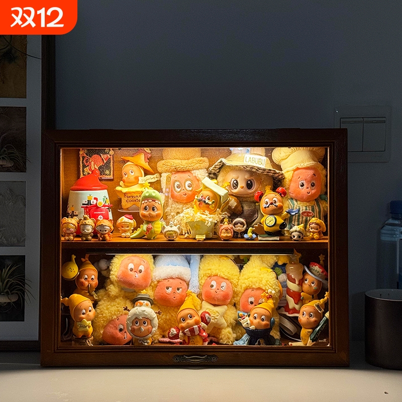 手办收纳盒中古风实木双层展示盒玩具人展示柜盲盒娃娃置物盒客厅