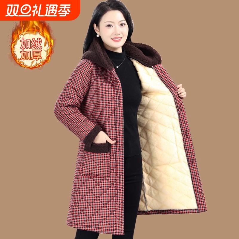 冬季加厚保暖棉衣外套妈妈装长款加绒棉袄上衣中老年女士棉服格子