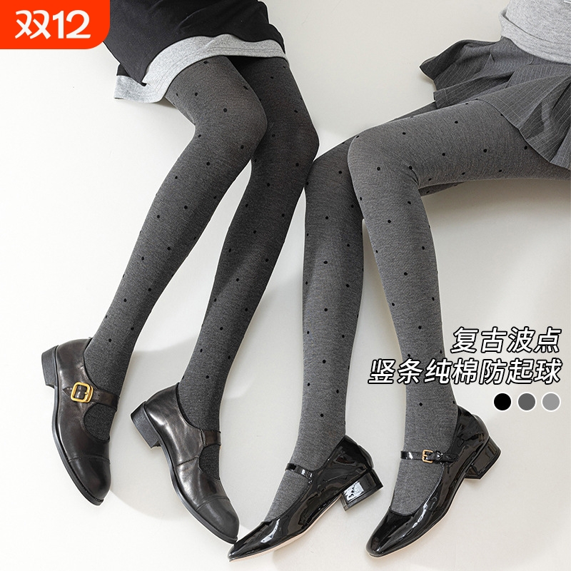 竖纹棉复古波点灰色打底裤女秋冬加绒外穿连裤袜弹力显瘦2025新款