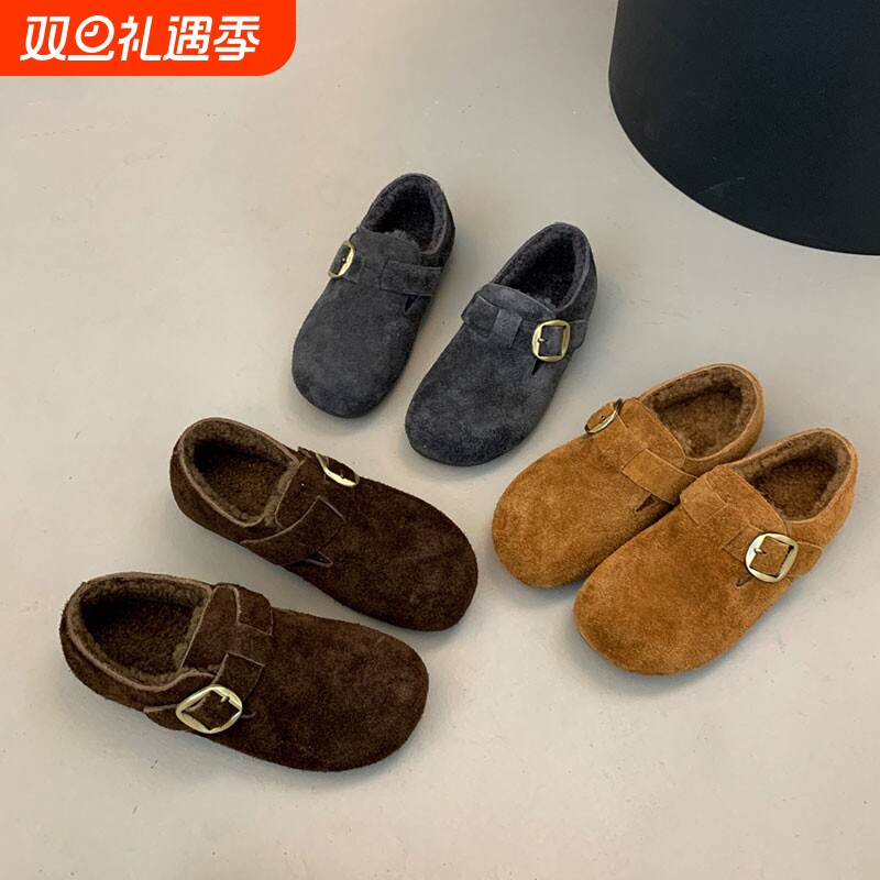 平底加绒复古全包勃肯鞋女2025秋冬新款保暖一脚蹬棉鞋防滑豆豆鞋