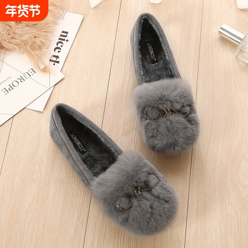 棉瓢鞋毛毛鞋女浅口大码水钻外穿豆豆鞋厚底加绒加厚单鞋43码平底