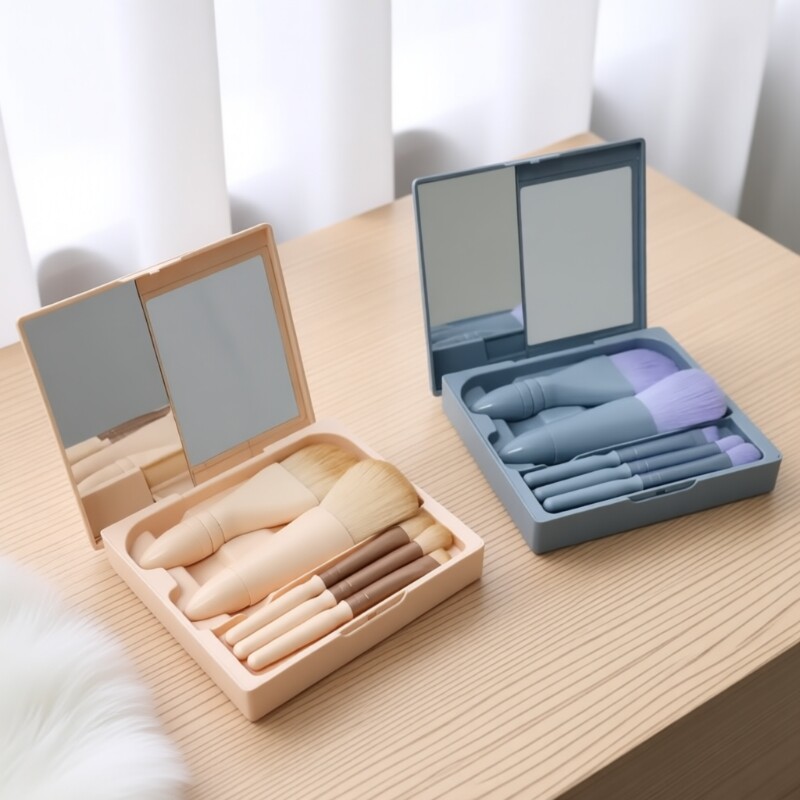 2025推荐迷你便携化妆刷套装5支带镜子盒装旅行眼影散粉眉刷子