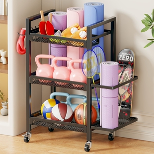 健身器材收纳神器哑铃架羽毛球拍置物架运动篮球瑜伽垫收纳筐球类