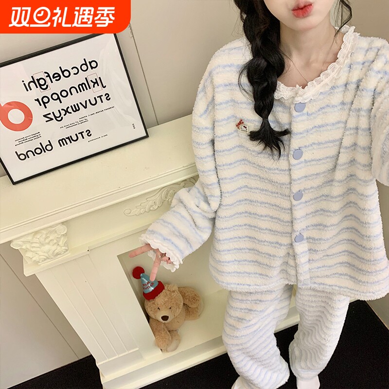 珊瑚绒睡衣女款秋冬季加厚加绒女士半边绒保暖家居服套装柔软黑色