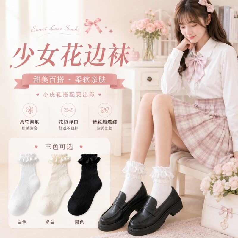 洛丽塔白色蕾丝花边公主袜搭配玛丽珍小皮鞋袜子女夏季薄款运动袜图片
