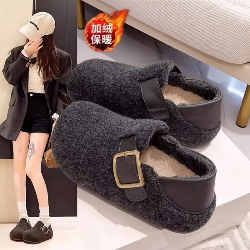 厚底勃肯鞋毛呢搭扣女2025年秋冬新款包头半拖鞋棉鞋内增高灰色