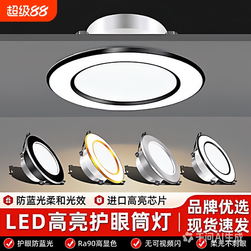 筒灯led天花灯射灯嵌入式三色5W铜灯客厅家用猫眼灯孔6.5/7/8公分图片