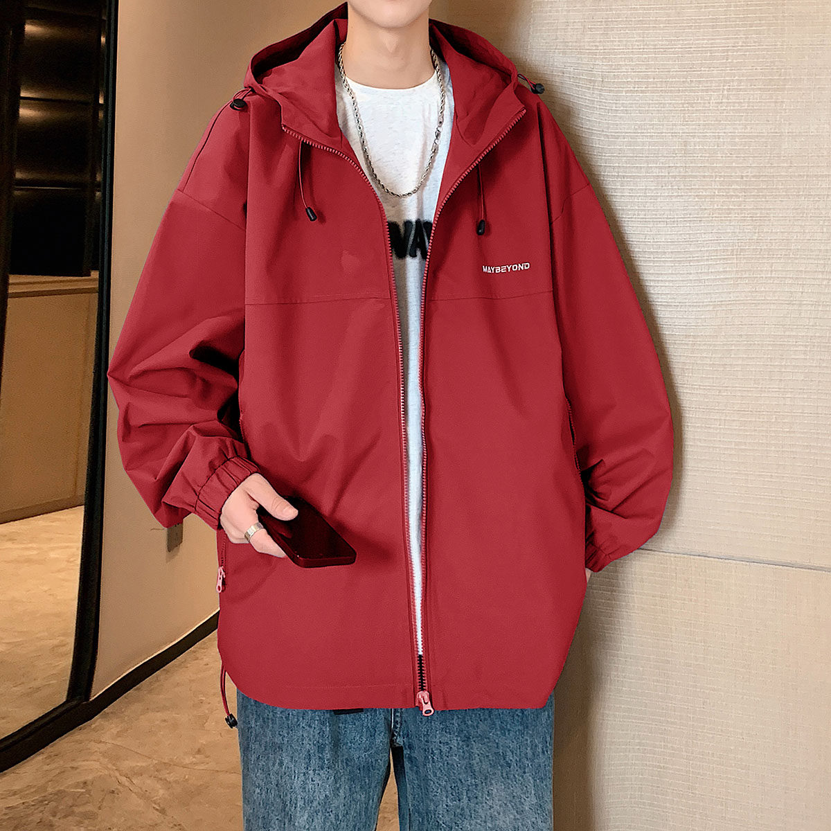 美式夹克男士户外登山冲锋衣宽松男女红色连帽外套薄款工装防风衣