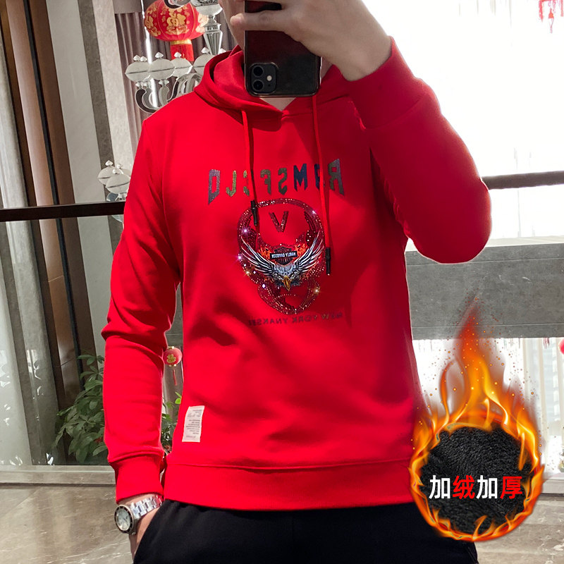 红色本命年帽衫男士春装薄款连帽卫衣男潮ins机器人头像飞鹰外套