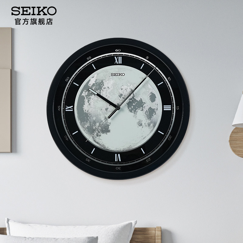 新品SEIKO日本精工太空月相挂钟家用客厅静音扫秒夜光卧室石英钟