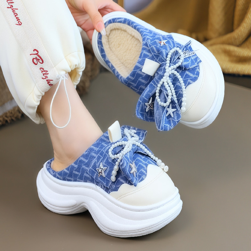 牛仔蝴蝶结毛毛拖鞋女