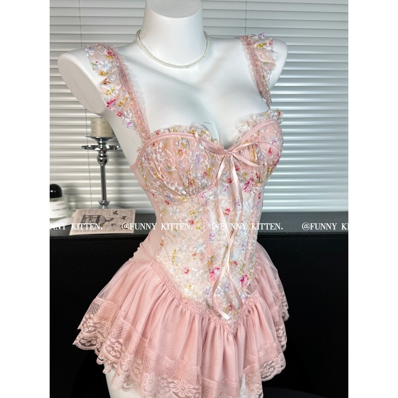 纯欲风蕾丝碎花睡裙女带胸垫