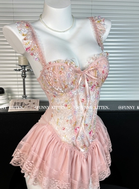 FUNNY KITTEN春雾颂 纯欲蕾丝碎花吊带睡裙女带胸垫聚拢显瘦睡衣