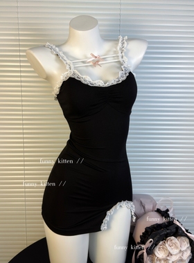 funny kitten奶油泡芙蕾丝性感睡裙女带胸垫黑色开叉纯欲包臀裙