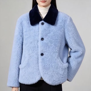 温柔雾霾蓝拼色翻领羊羔毛上衣女 短款气质颗粒毛绒保暖外套