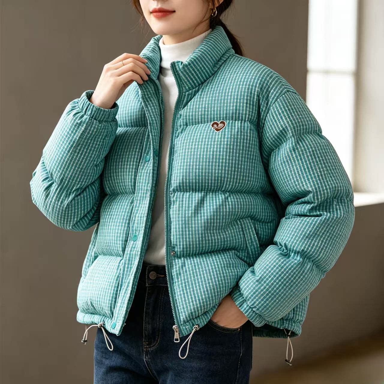 韩系格子加厚保暖短款面包服女