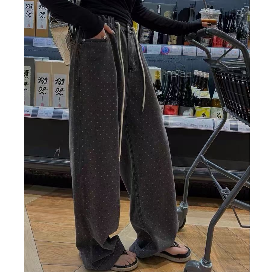 复古水洗灰波点阔腿牛仔裤女