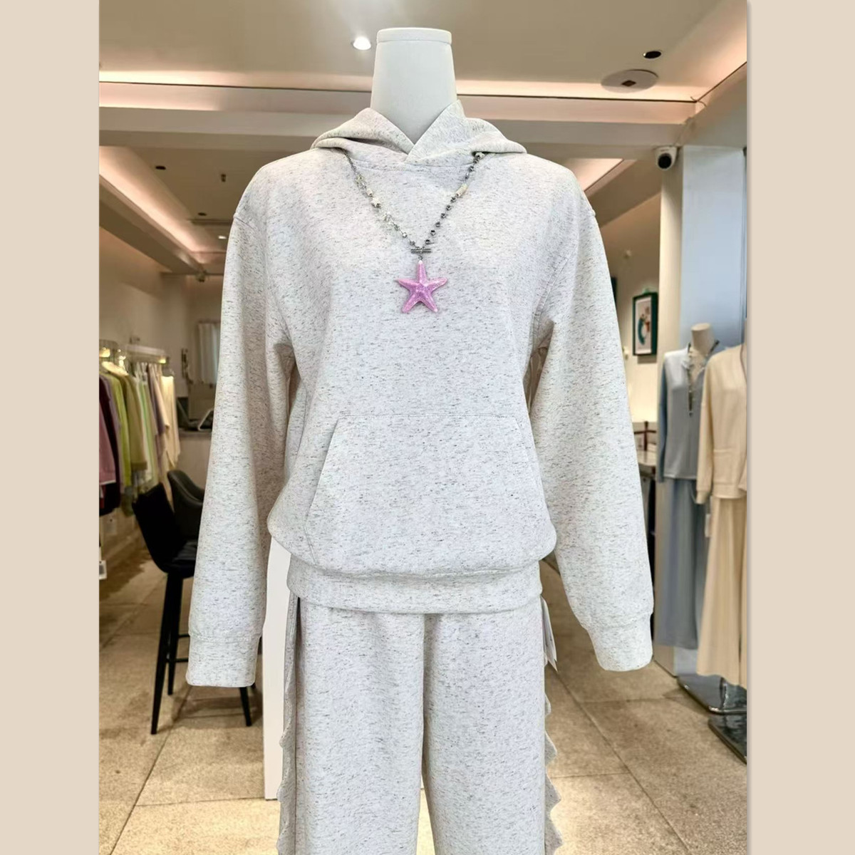 星空麻连帽袋鼠兜卫衣套装女