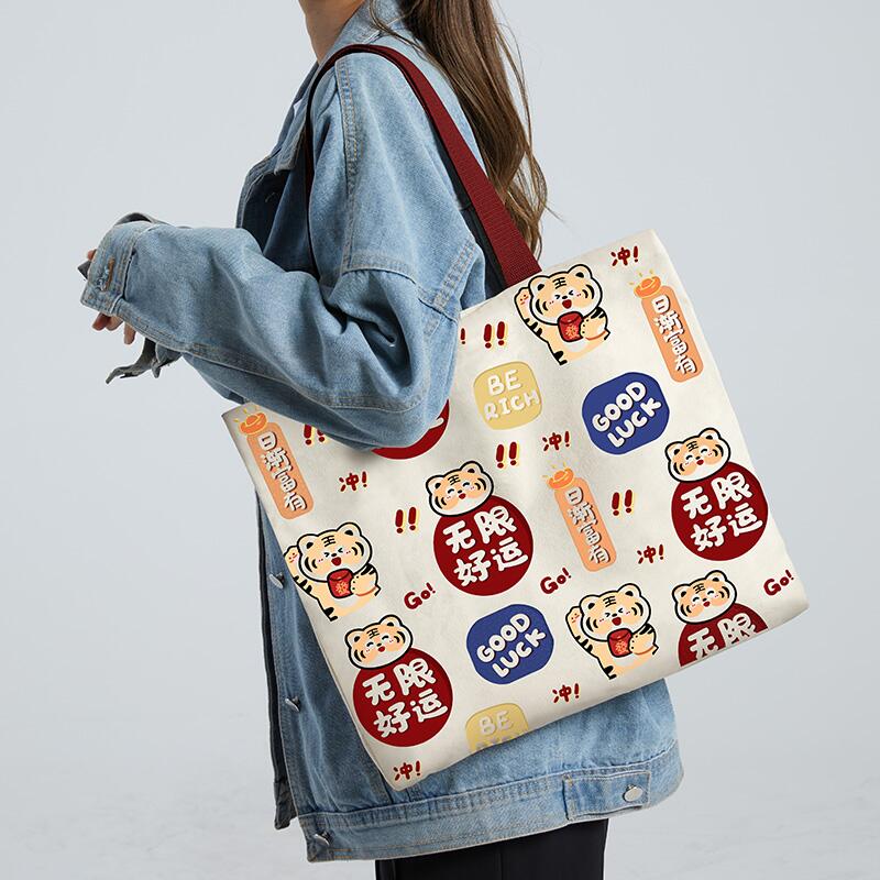 帆布包女夏2022年新款单肩手提袋大学生上课时尚大容量斜挎托特包