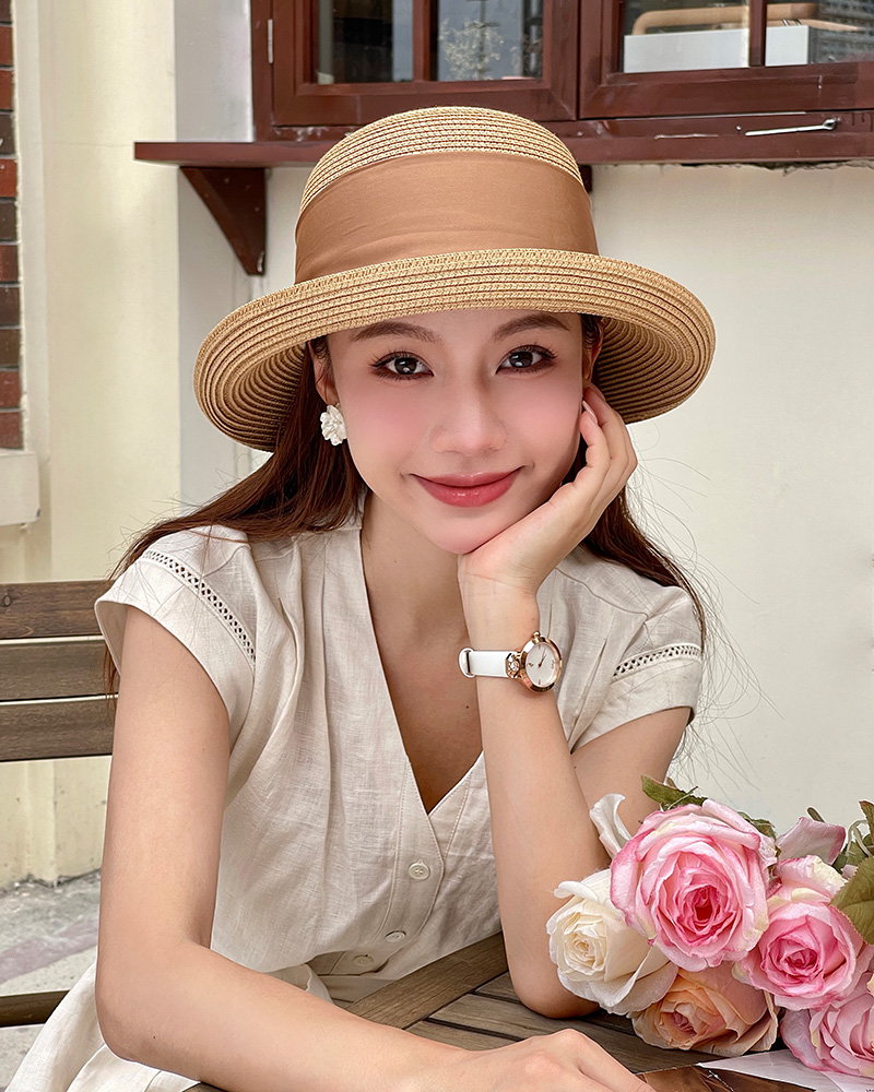 夏季出游防晒遮阳草帽女海边度假沙滩太阳帽子优雅圆顶半翘沿盆帽