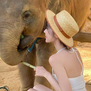 法式复古平顶棕色皮包边麦秆草帽女夏天海边沙滩度假遮阳平沿帽子