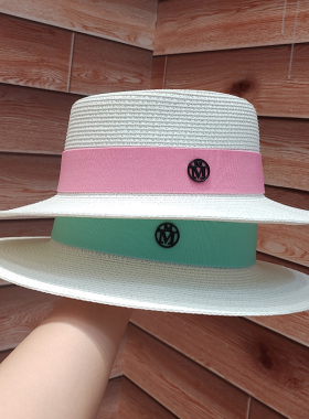 网红同款白色平顶草帽女夏韩版时尚百搭遮阳帽子小清新M英伦礼帽