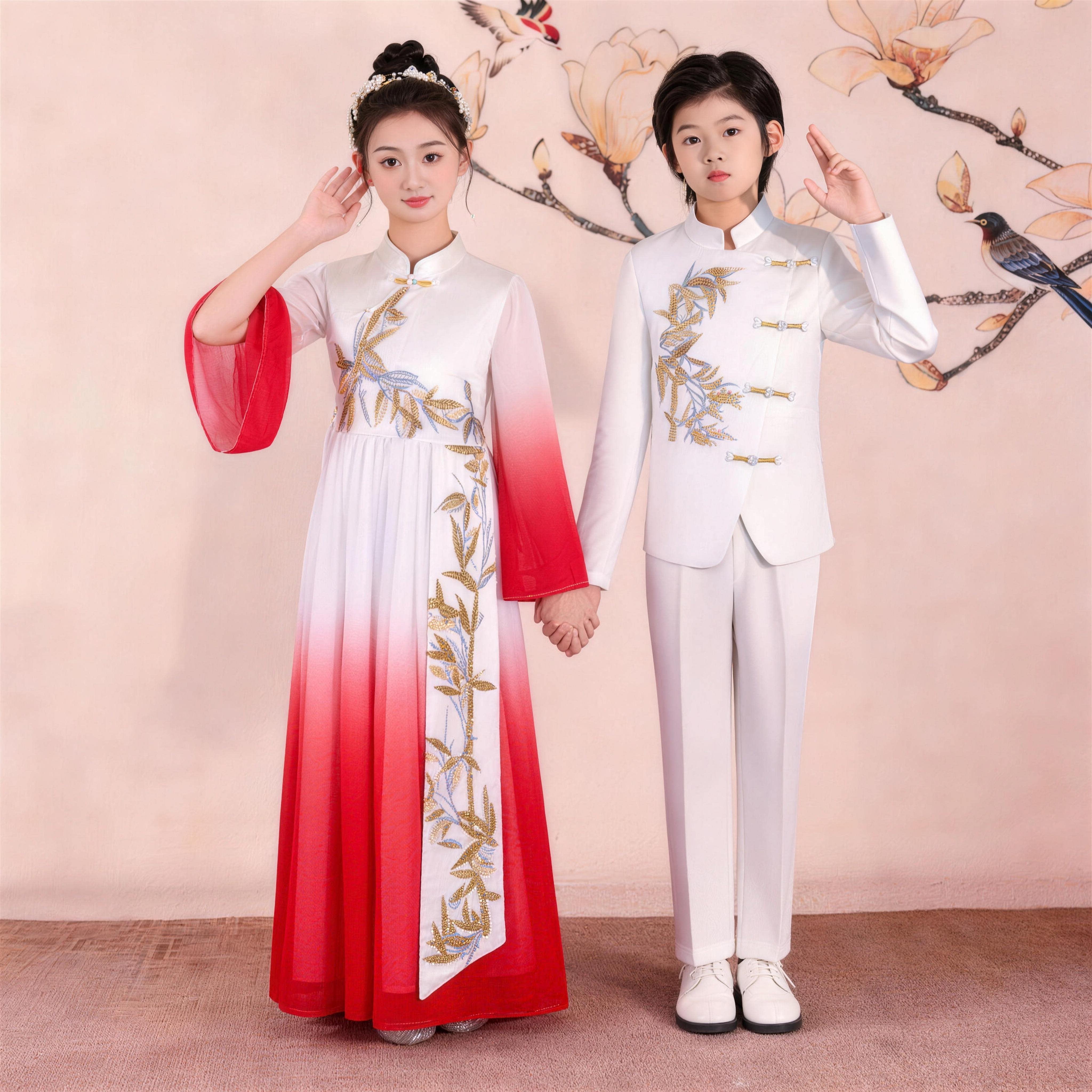 女童国风汉服红色刺绣表演服考级礼服古筝儿童演出服古典舞蹈服舞